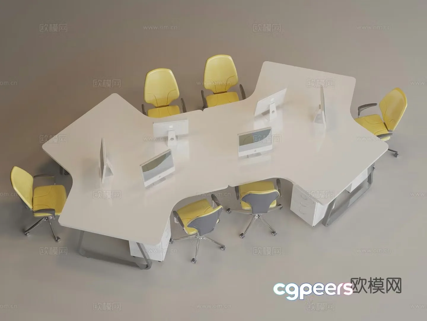 Simple office desk multi-person desk rotating office chair desktop computer keyboard mouse flower 3d model