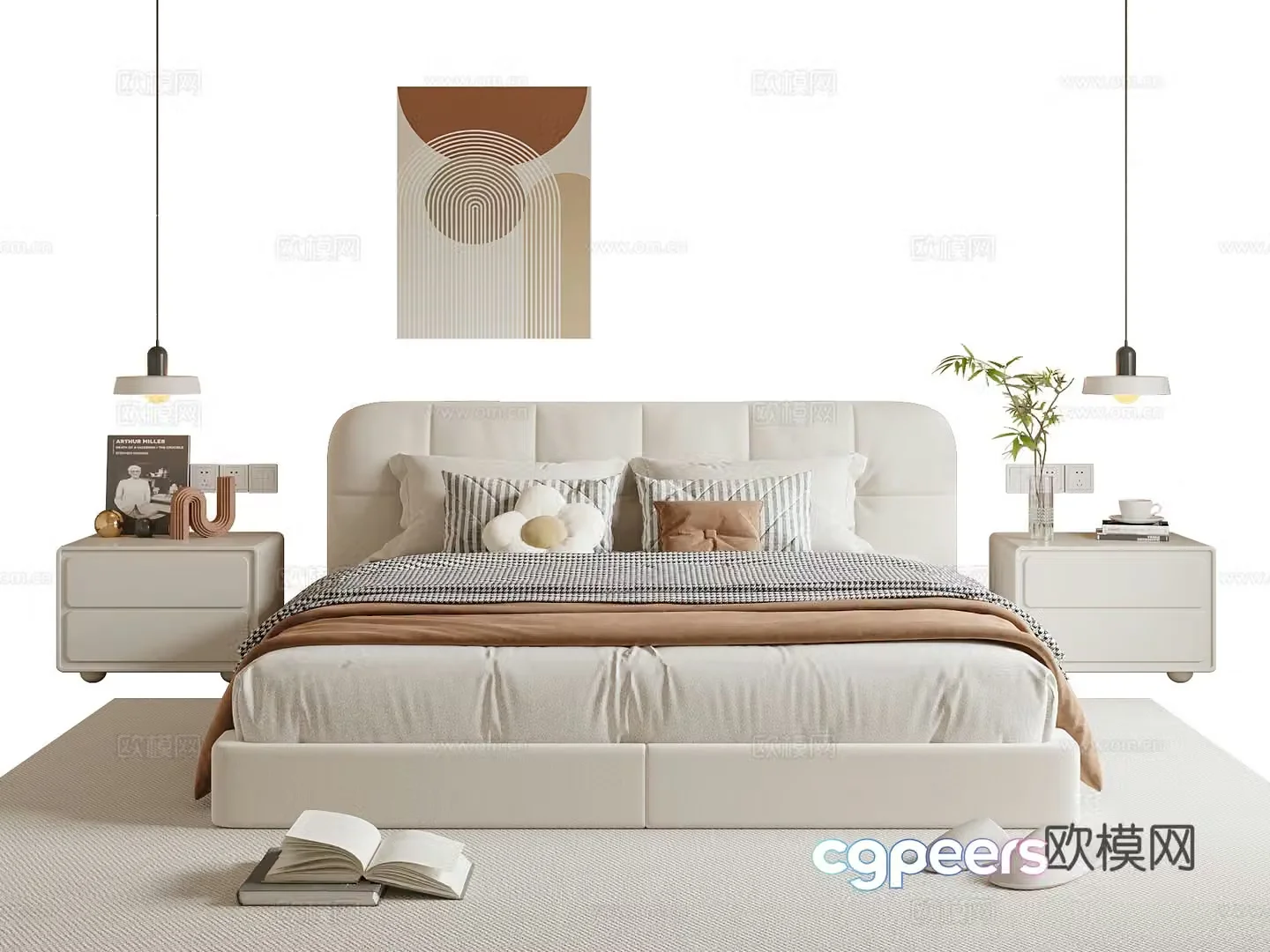 Modern cream style double bed 3d model