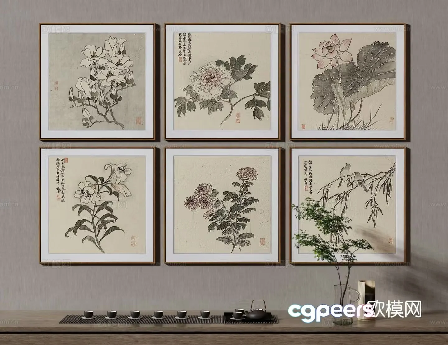 New Chinese style flower painting decorative painting 3d model