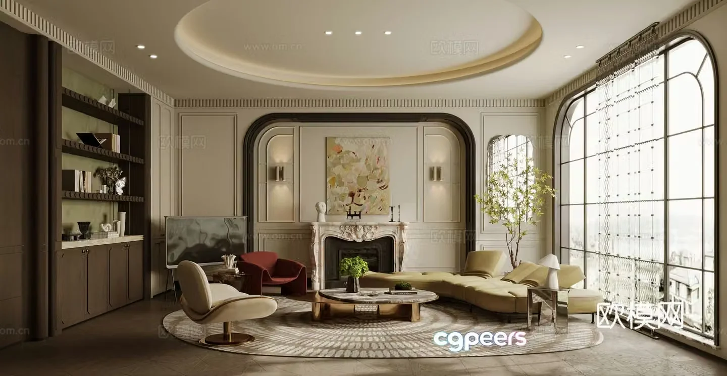 French living room sofa coffee table combination single sofa curved sofa side table 3D model