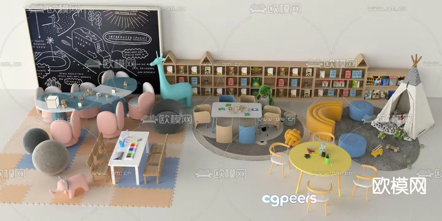 Children’s table and chair bookshelf blackboard wall 3d model