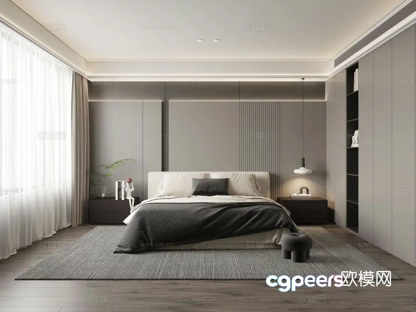 Modern premium gray bedroom Italian simple bedroom Master bedroom Secondary bedroom Double bed 3D model