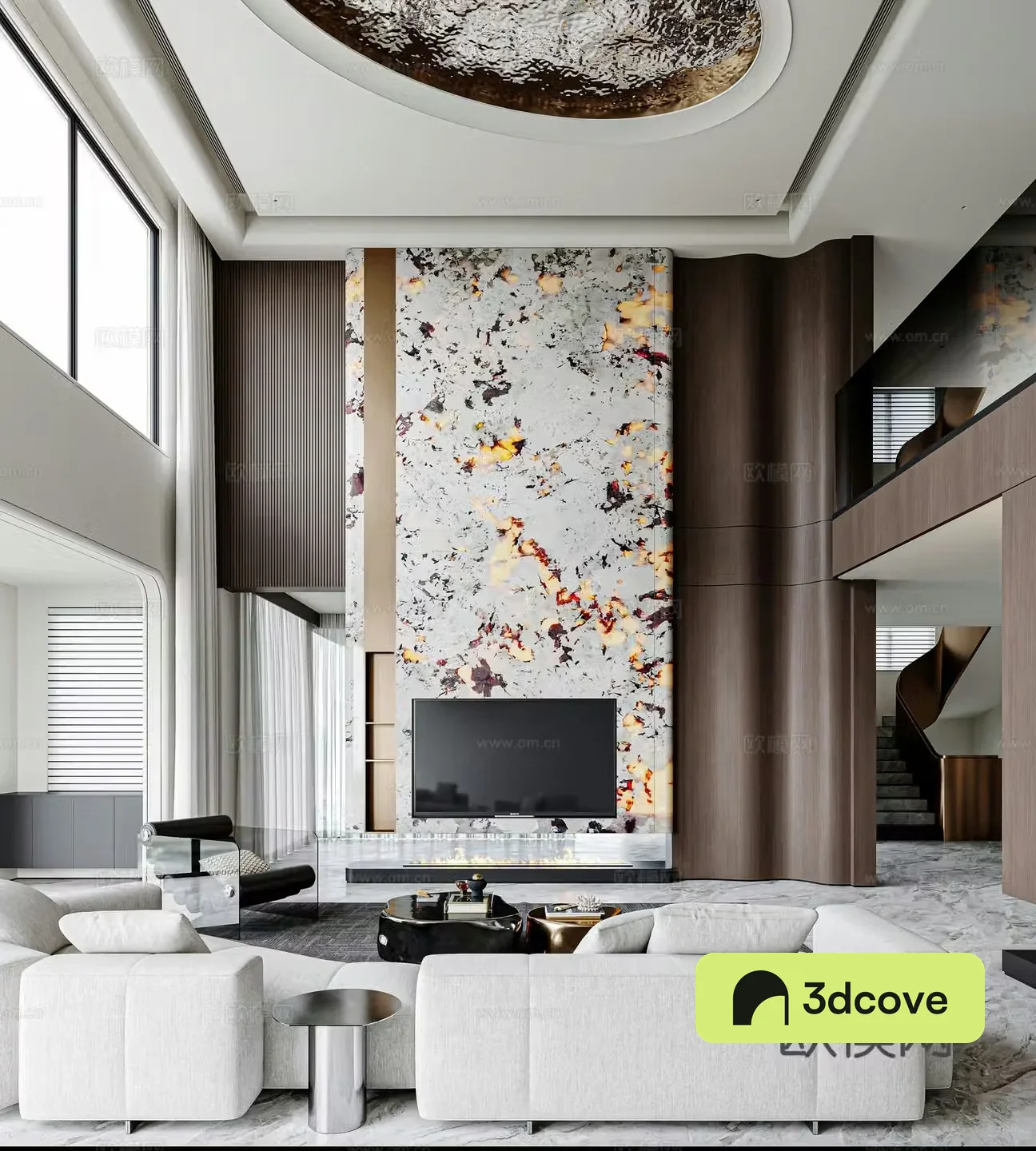 Italian light luxury villa living room empty living room high-end gray living room luminous luxury stone TV wall