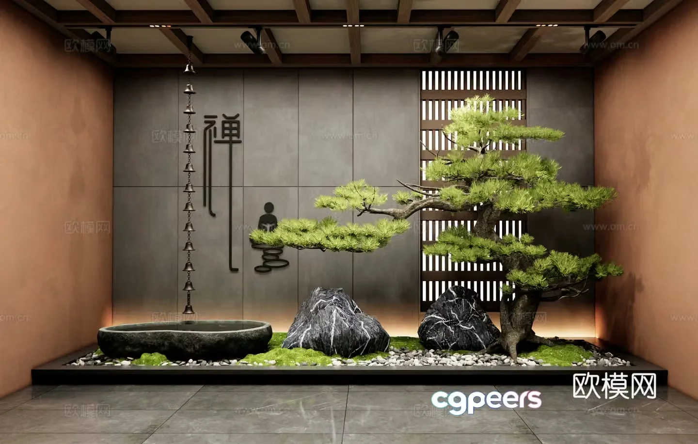 New Chinese style interior landscape courtyard landscape sketch landscape stone water bowl rain chain pine tree landscaping 3D model