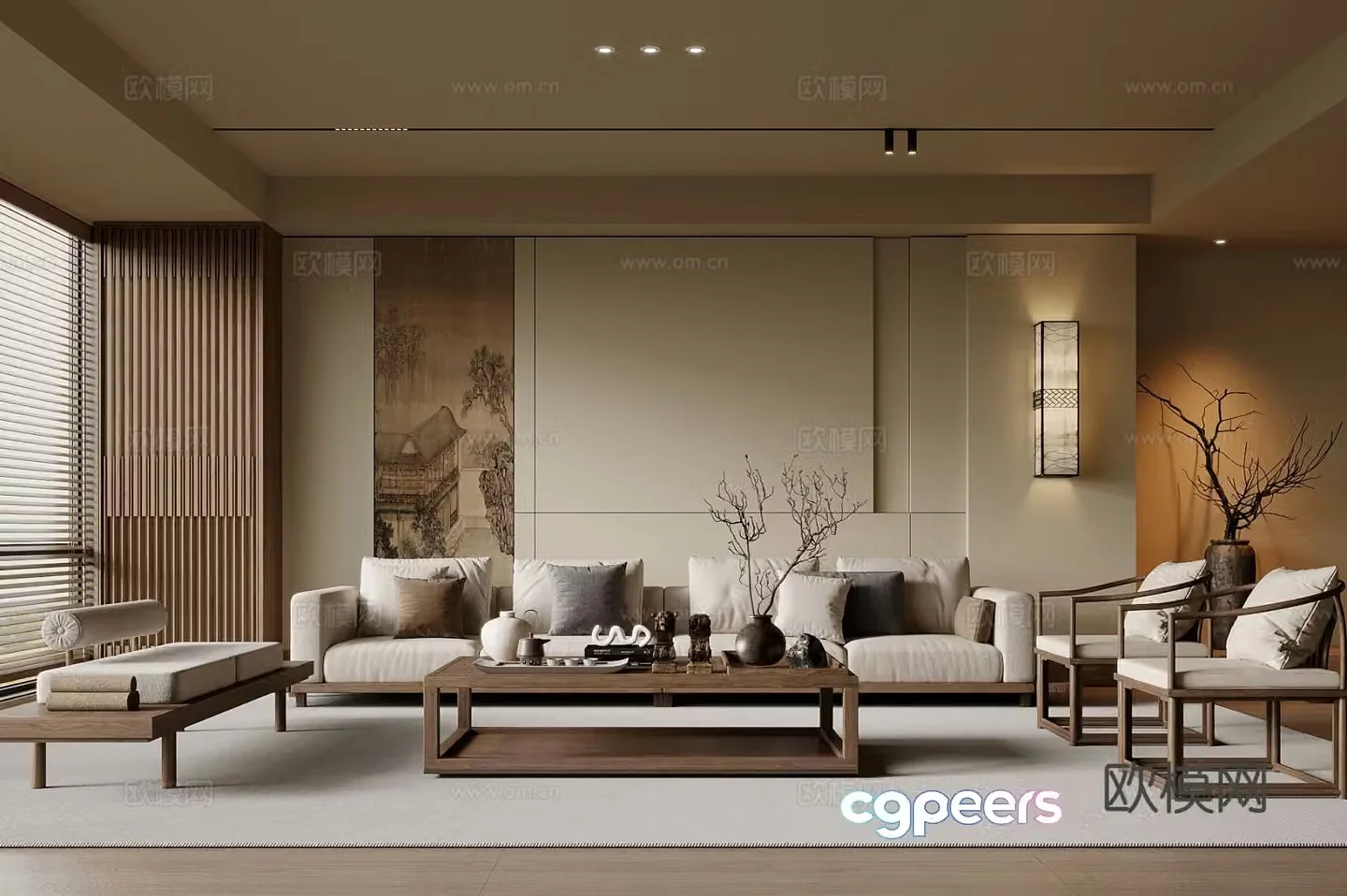 Song style living room sofa background wall sofa coffee table combination 3D model