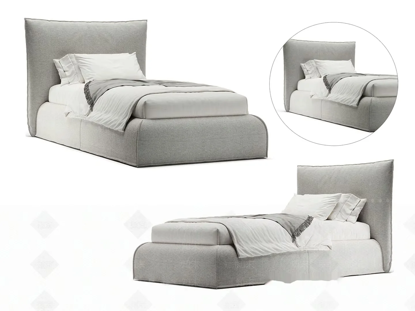 A Gray Upholstered Bed 3D Model – 10871 – VRAY Render