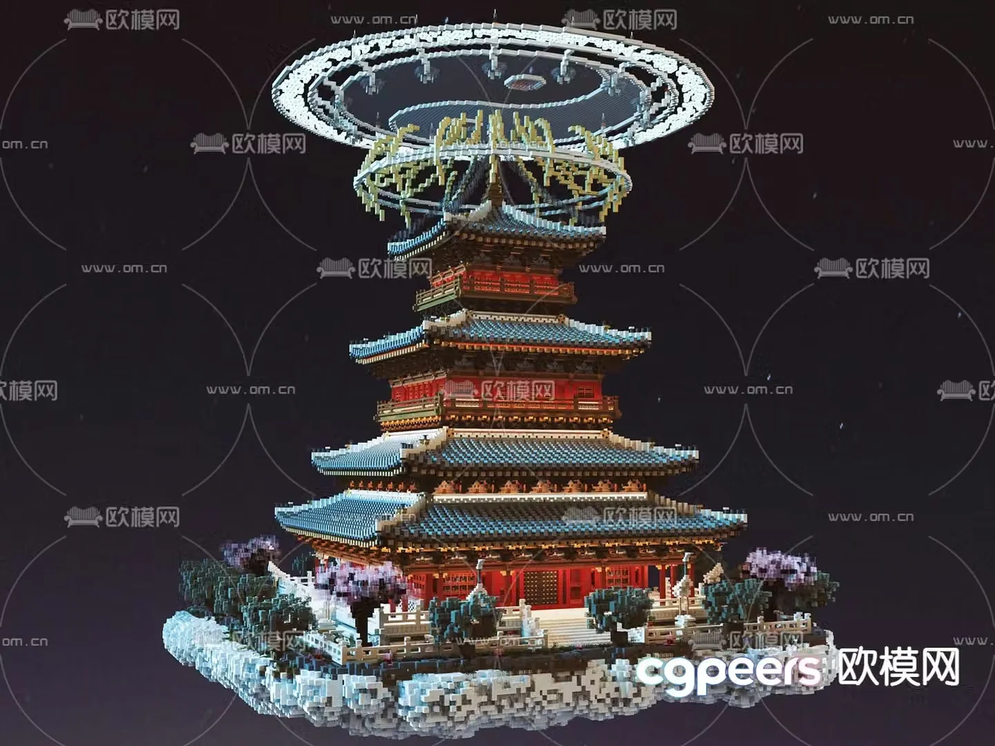 Chinese ancient building tower building block toy 3D model