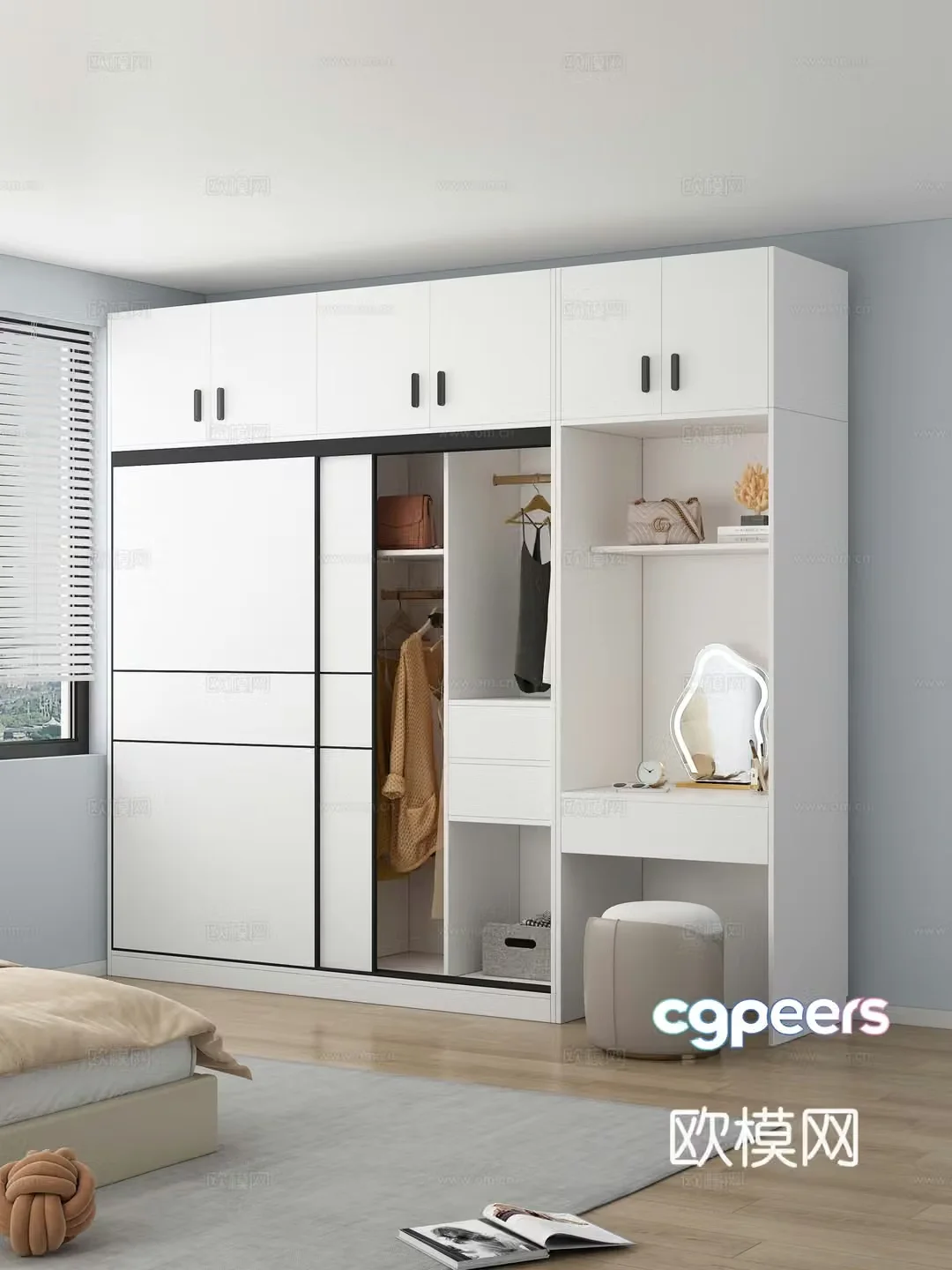 Modern wardrobe top-to-top sliding door wardrobe Clothes Bags Dressing table Dressing stool Bed 3D model