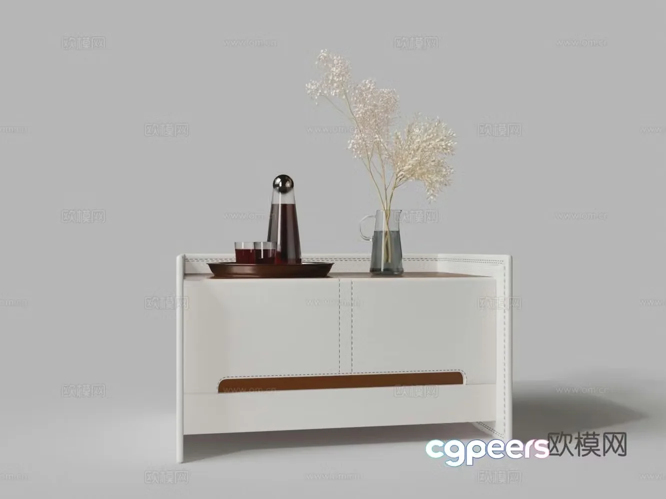 Modern white leather bedside table red wine tray white velvet flower vase 3d model