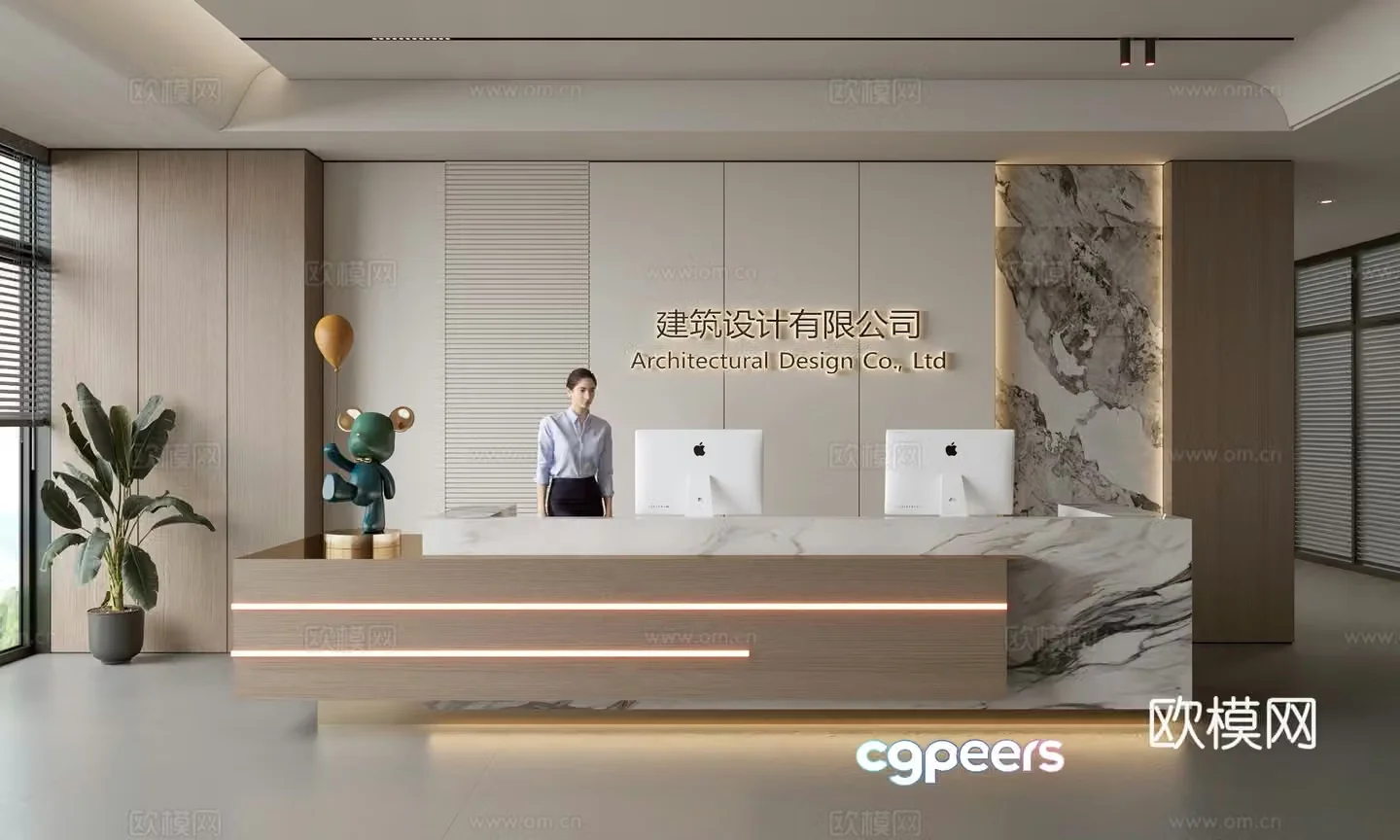 Modern company front desk reception area bar reception desk service desk company front desk background 3D model