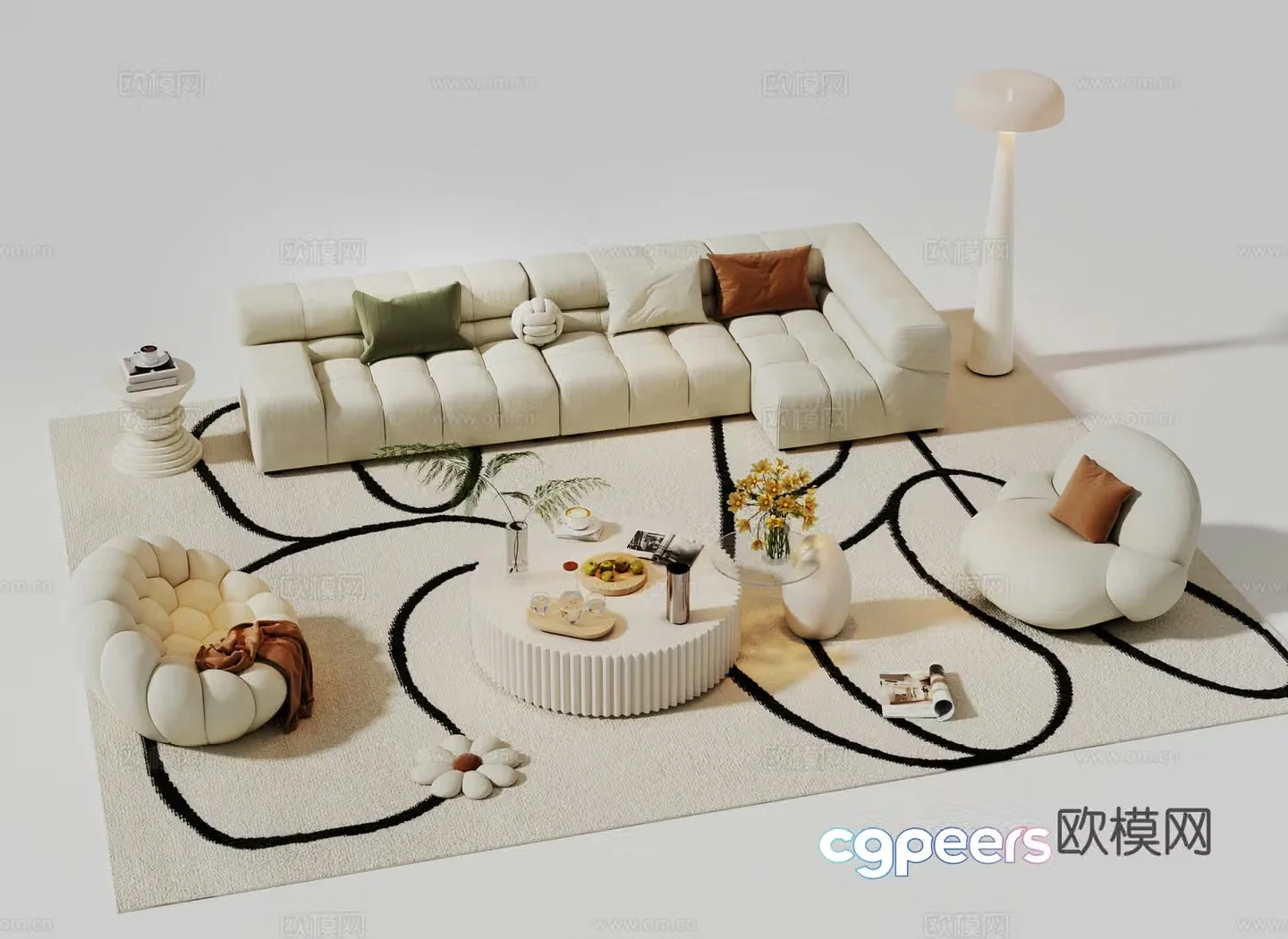 Modern cream sofa combination casual sofa multi-person sofa living room sofa coffee table combination carpet 3D model