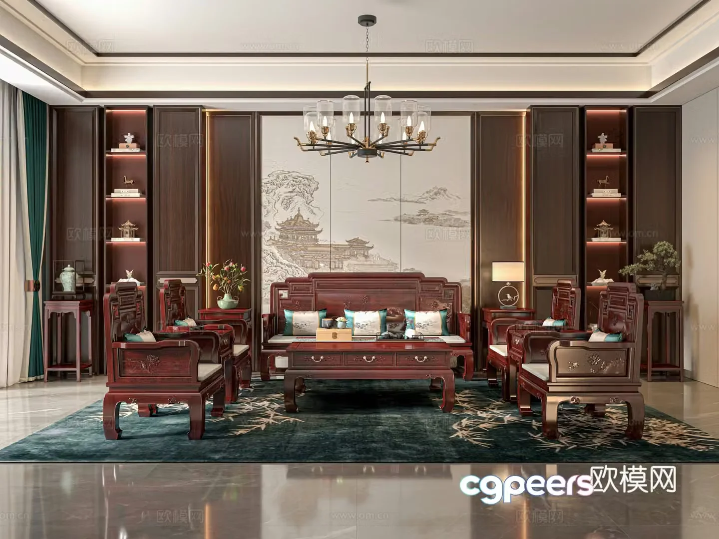New Chinese living room mahogany sofa mahogany furniture combination Qidaitiangong mahogany furniture Chinese guest 3D model