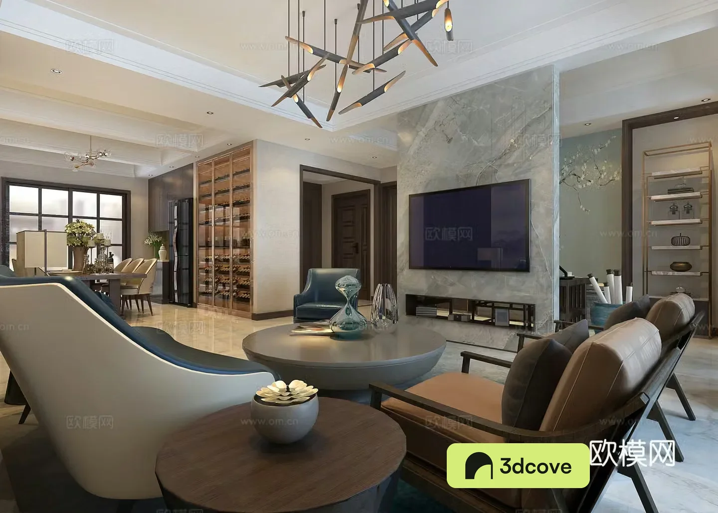 Modern living and dining room sofa chair wine cabinet Samsung refrigerator 3d model