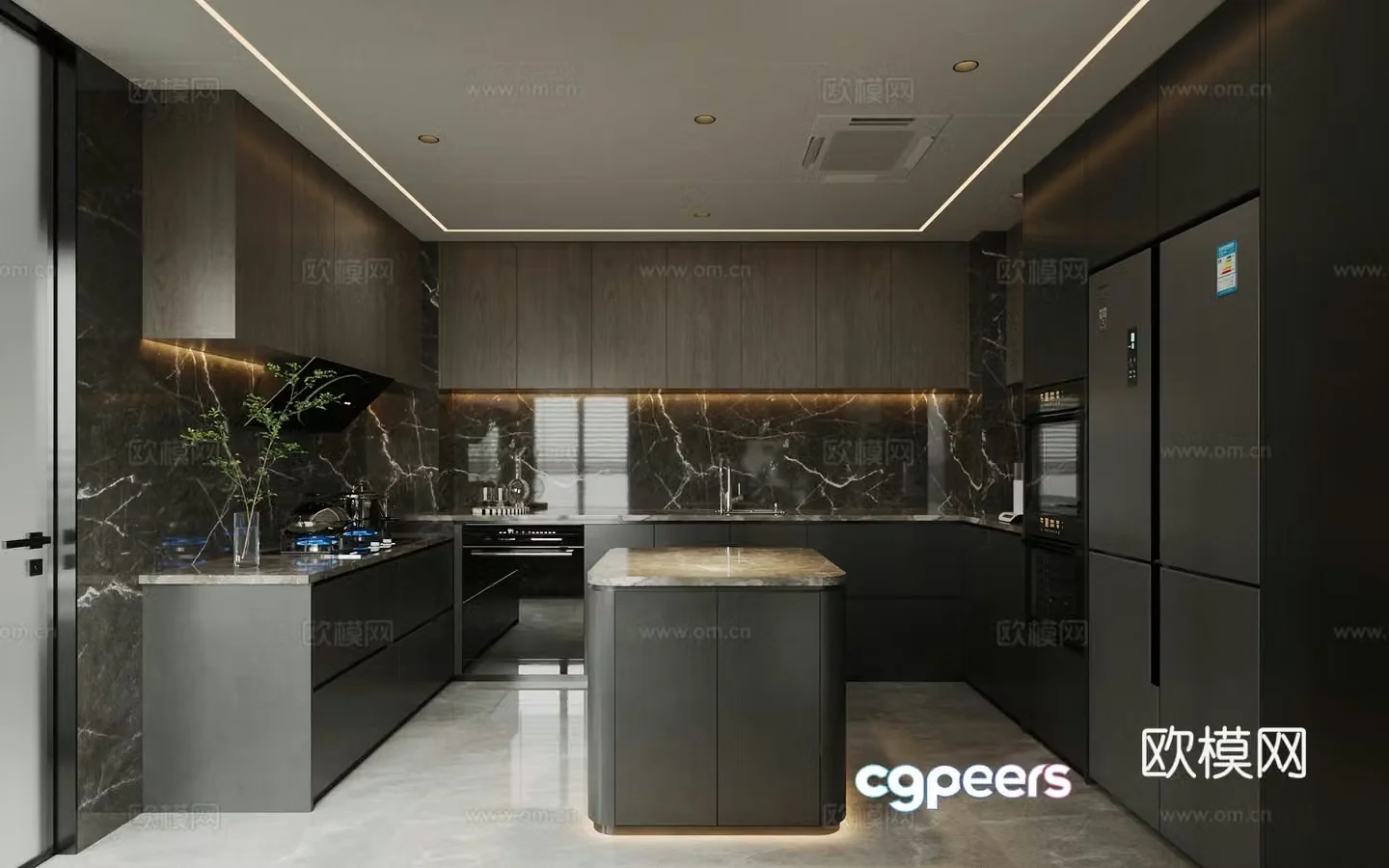 Modern light luxury enclosed kitchen Light luxury Italian kitchen Island kitchen Black and white and gray kitchen L-shaped 3D model