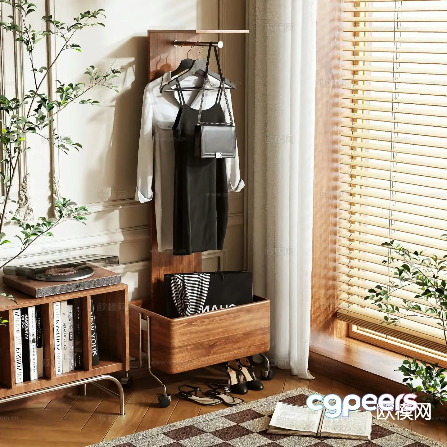 Log style clothes hanger coat rack floor-standing clothes hanger 3D model