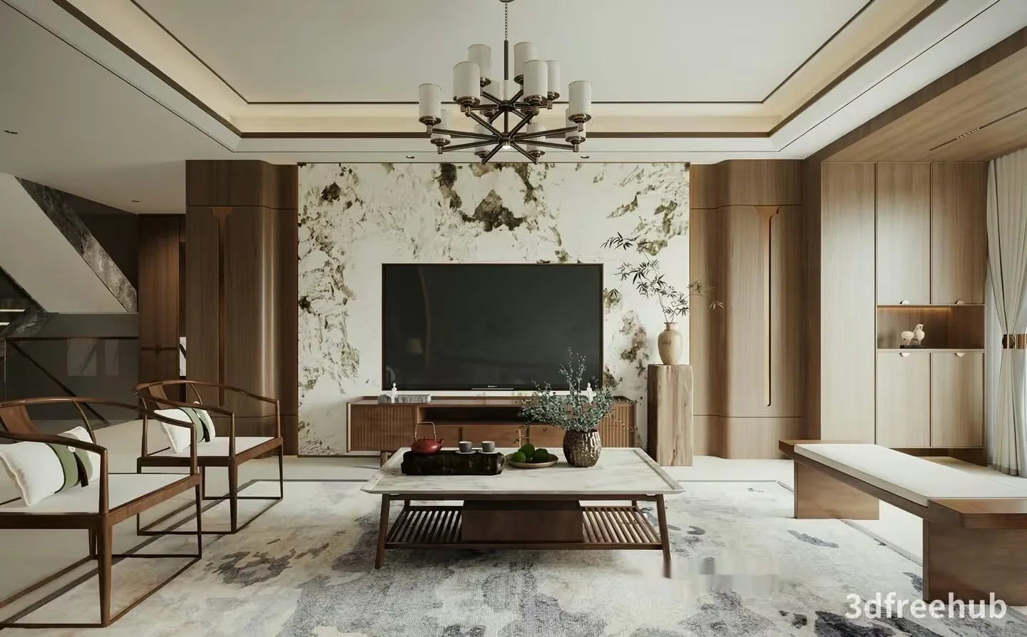 A Modern Living Room With A Large Tv And Marble Accent Wall 3D Model – 22589 – VRAY Render