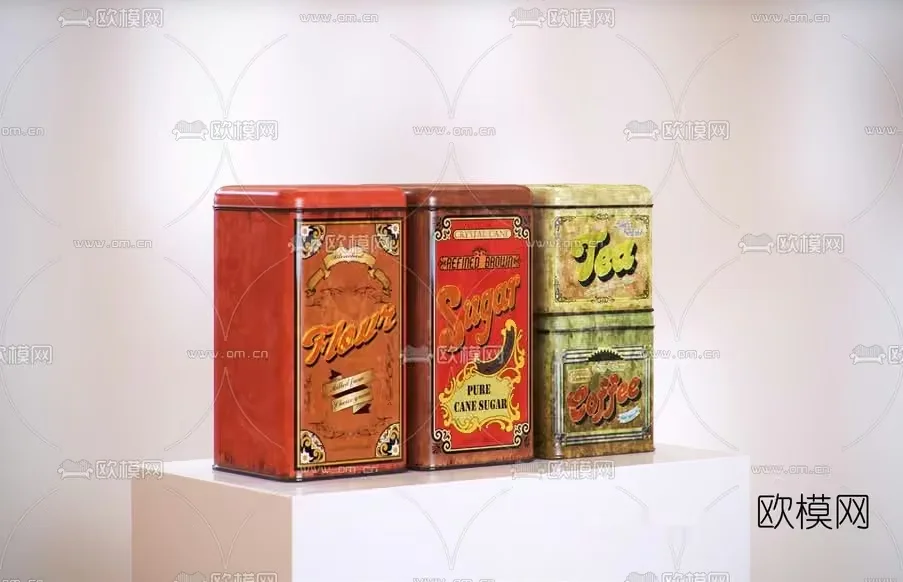 Three Vintage-Style Tins On A White Pedestal 3D Model – 11801 – VRAY Render