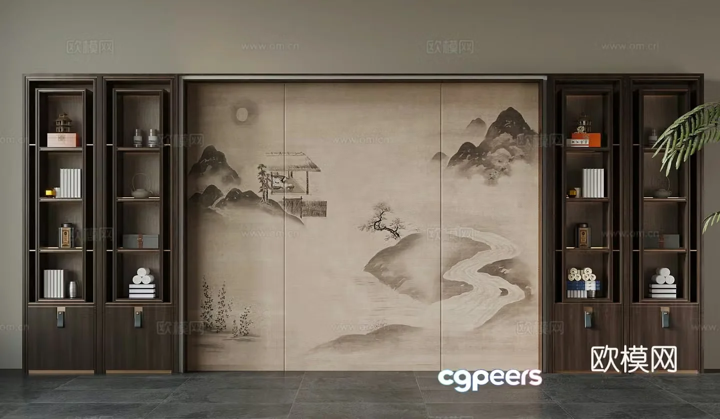 09 New Chinese style tea cabinet background wall ornament 3d model