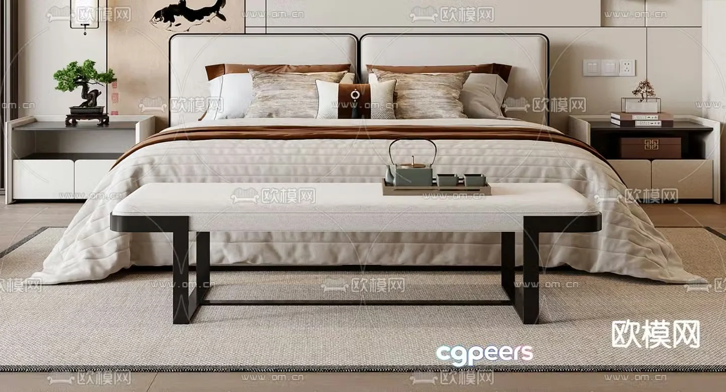 New Chinese style double bed 3d model