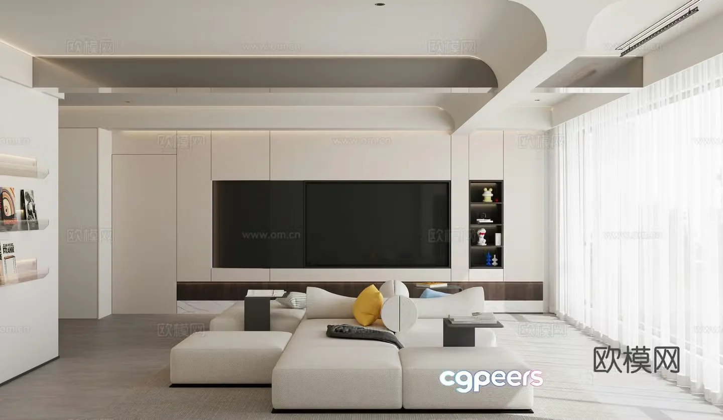 Modern living and dining room TV background wall TV cabinet simple creamy living room modern living and dining room 3d model