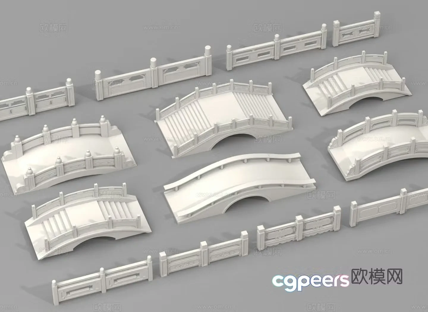 Chinese stone railings stone guardrails fences white marble railings stone bridges single arch bridges white marble bridges 3D model