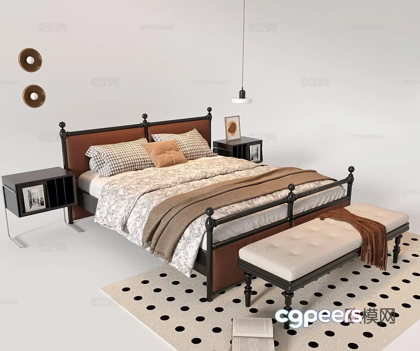 French retro wooden double bed nightstand bed 3d model
