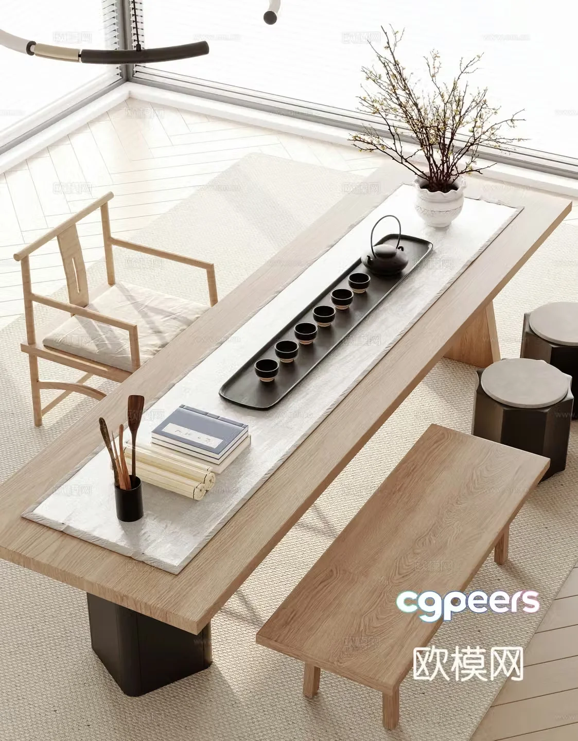 New Chinese tea table and chairs 3d model