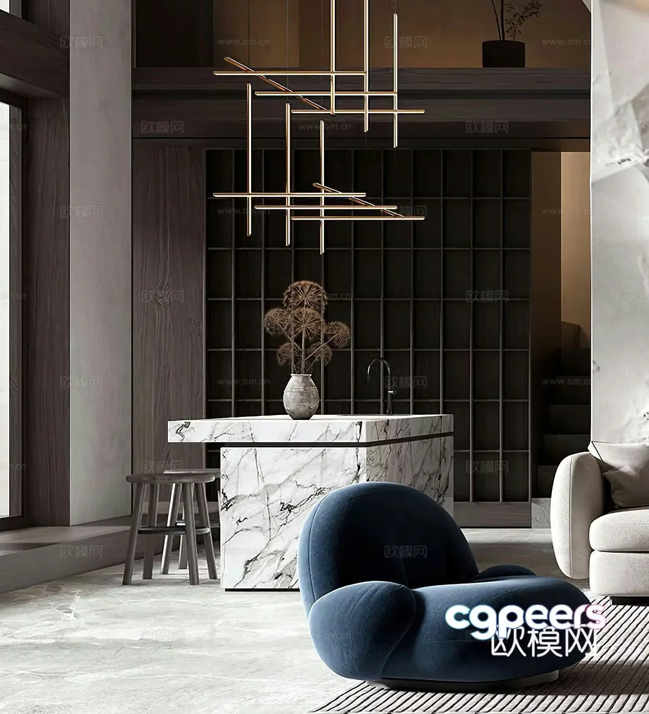 Modern bar modern restaurant Italian social room leisure chair chandeliers island living and dining room 3d model