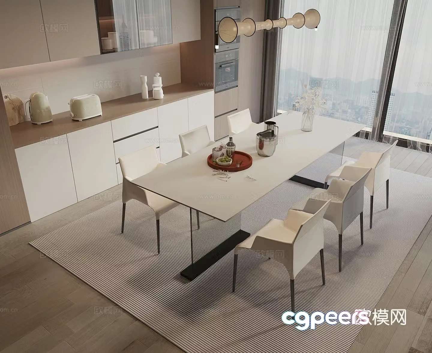 Modern cream style dining table and chair dining table and chair combination art chandeliers wine cabinet sideboard 3D model