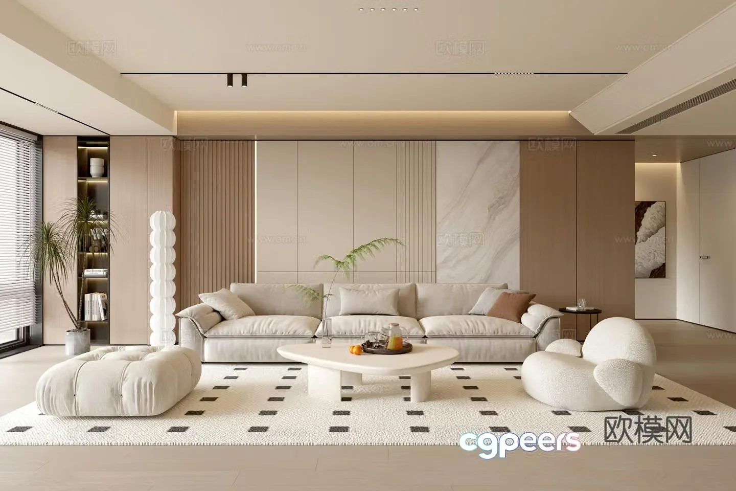 Modern cream simple living room balcony cabinet sofa combination coffee table sofa background wall 3d model
