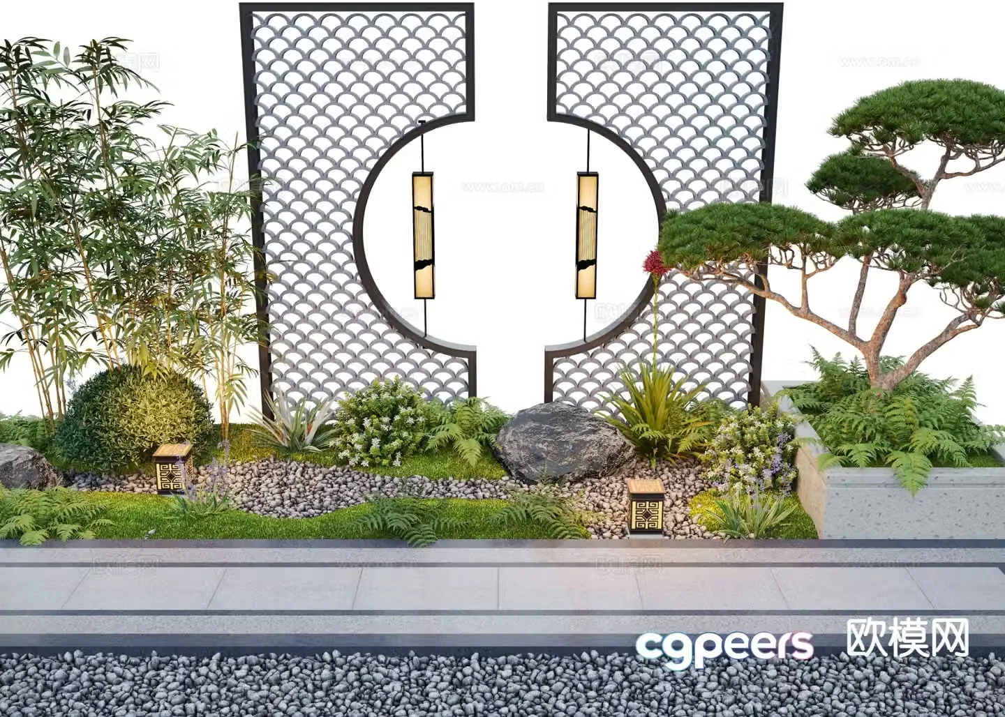 New Chinese style courtyard green plants and flower border 3D model