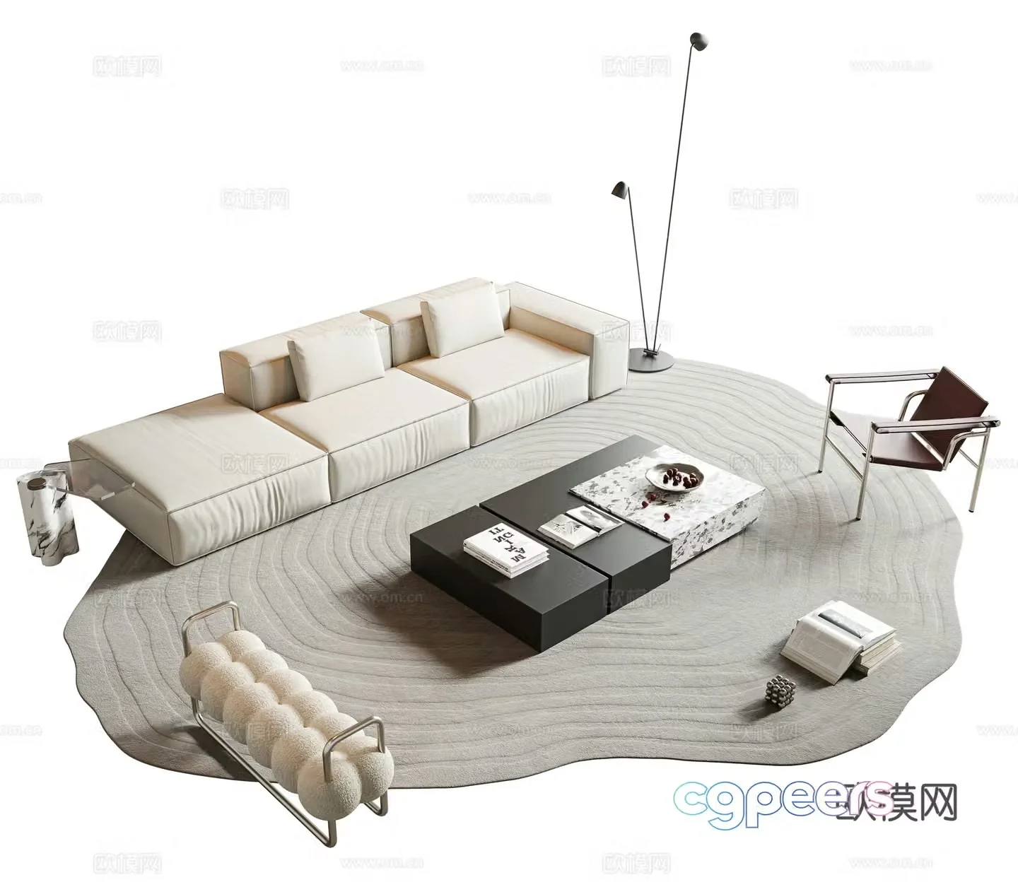 Italian minimalist sofa coffee table combination multi-person sofa fabric sofa combination sofa straight sofa 3D model