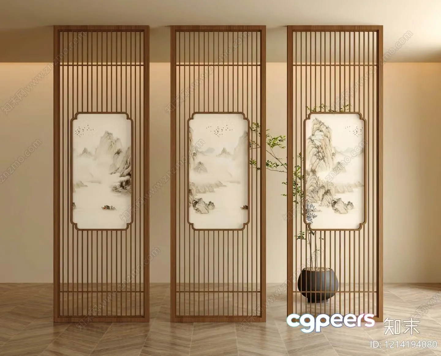 Three Tall Wooden Screens With Paintings Of Mountains On Them 3D Model – 6601 – VRAY Render