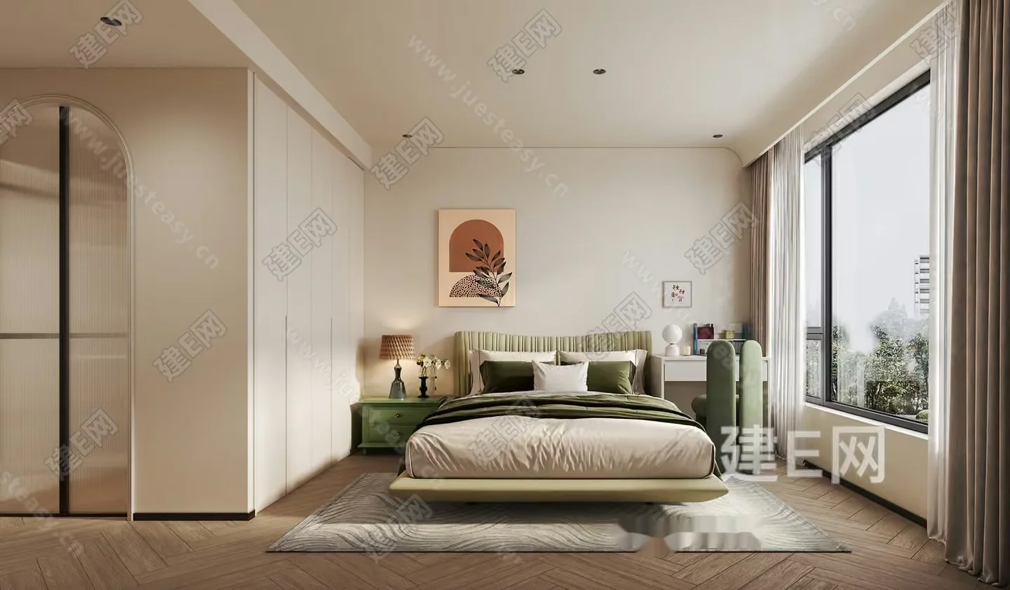 A Bedroom With A Green Bed 3D Model – 3155 – VRAY Render