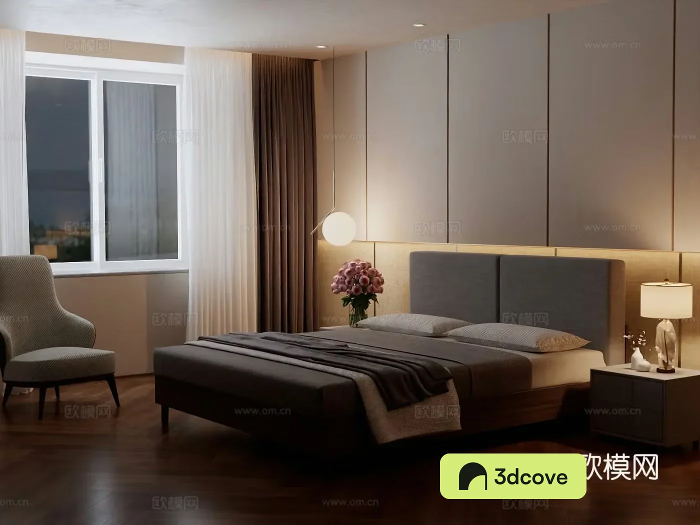 Modern minimalist bedroom night view