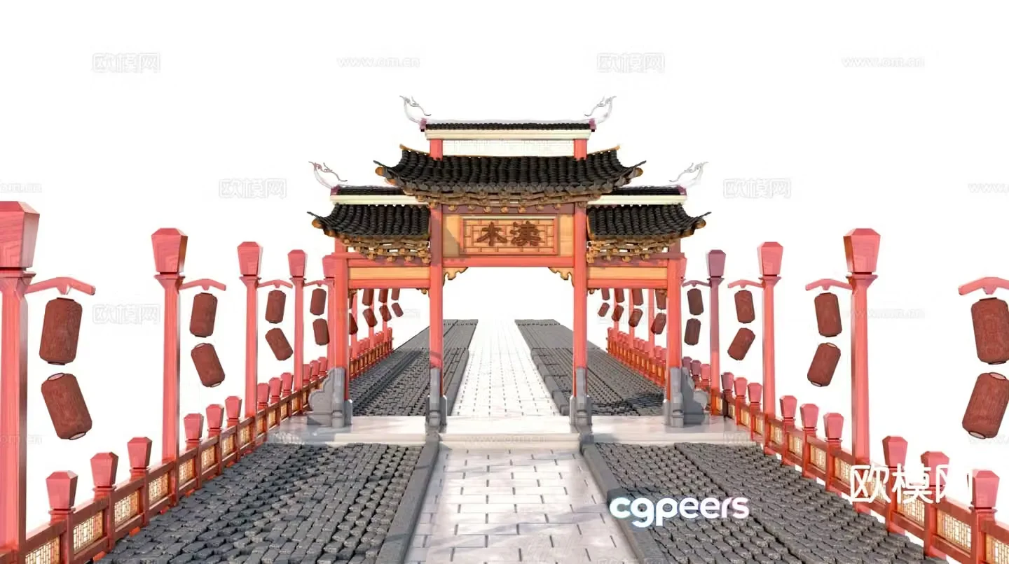 Chinese style archway outdoor lantern stone road 3d model