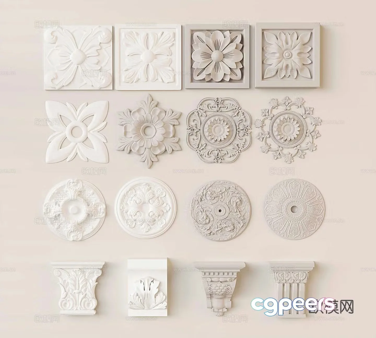 European style carving horn flower yakou gypsum carving 3D model