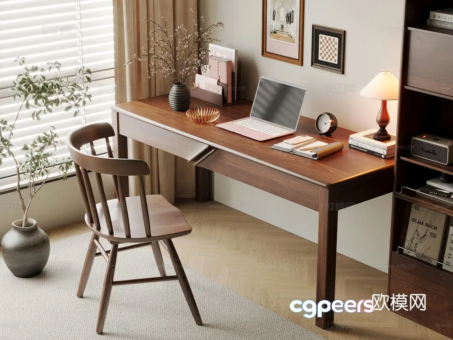 Middle-aged style desk and chair solid wood computer desk and chair writing desk study desk and chair solid wood single chair bookcase 3D model
