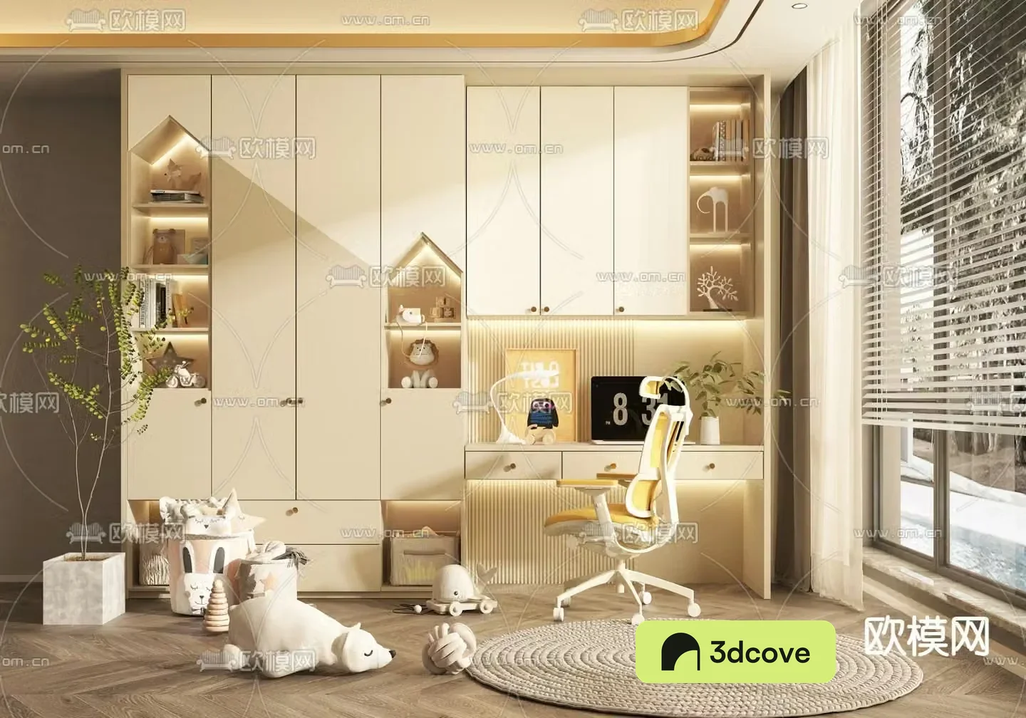 Integrated children’s desk chair bookcase