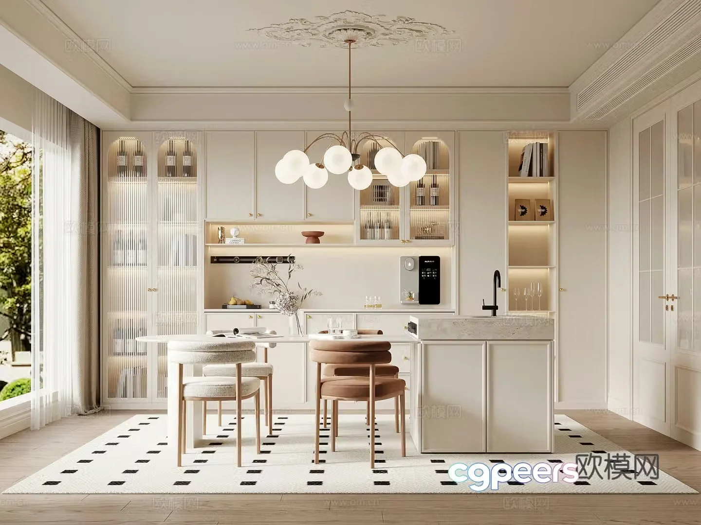Restaurant French Cream Restaurant Wine Cabinet Side Cabinet Dining Table Island 3D Model