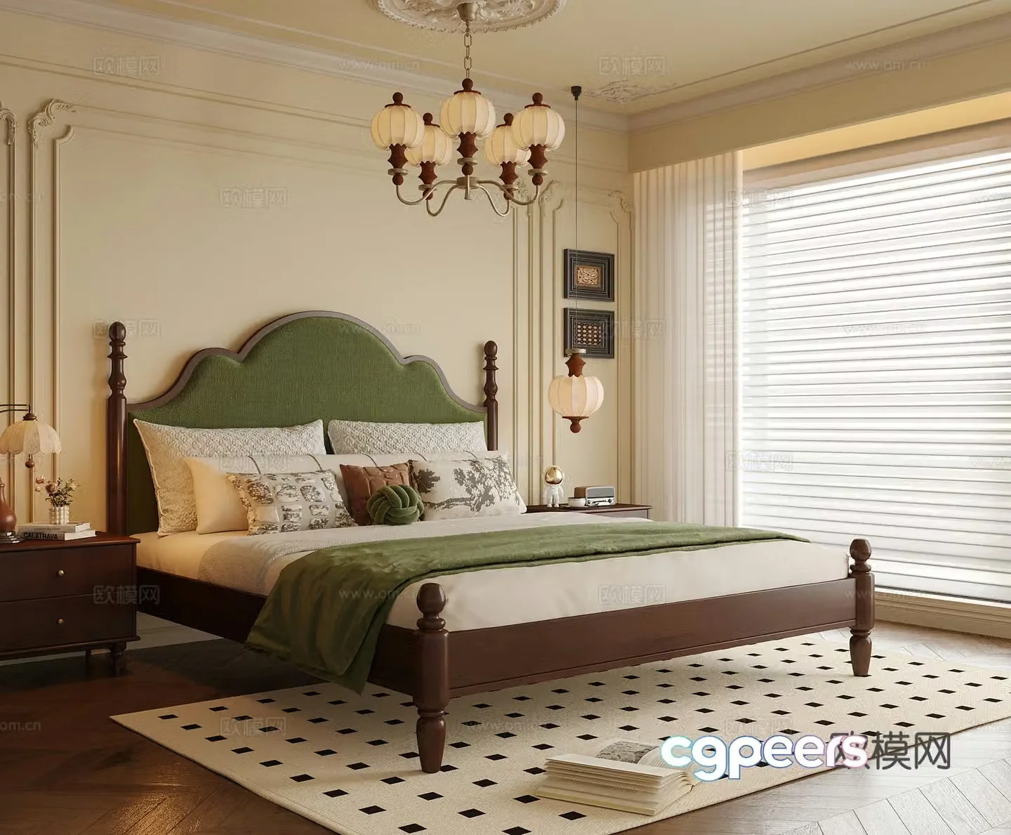 French bedroom double bed nightstand bedroom chandeliers bedside chandeliers 3D model
