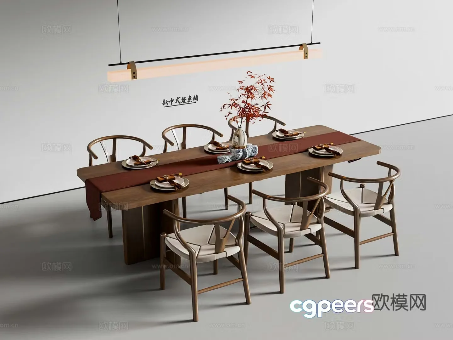 New Chinese Song style dining table and chairs long table chandelier 3d model