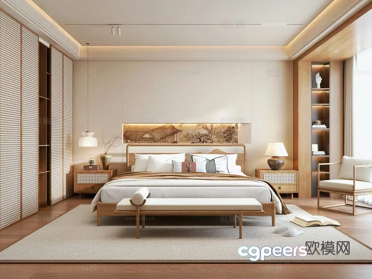 New Chinese style home bedroom owner-light bedroom log double bed rattan wardrobe bedside table rest 3D model