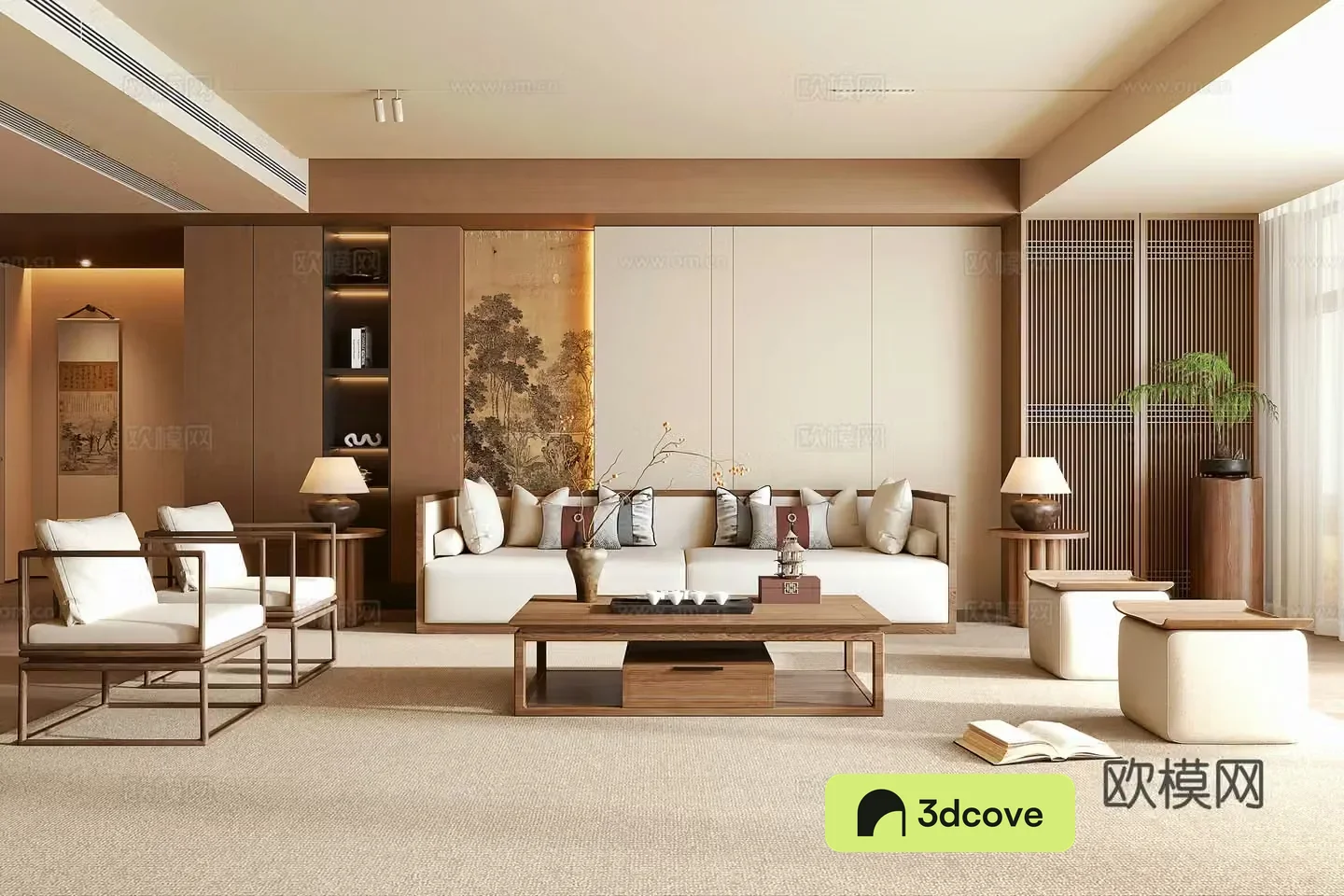 New Chinese living room New Chinese style combination sofa Coffee table New Chinese style sofa background wall Potted green plants