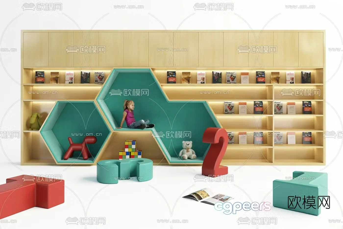 Modern children’s reading area bookcase 3d model