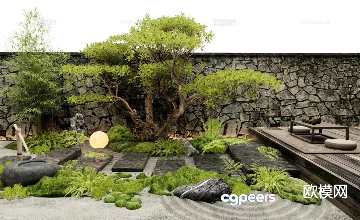 New Chinese style courtyard landscape stone slab steps plant landscape 3D model