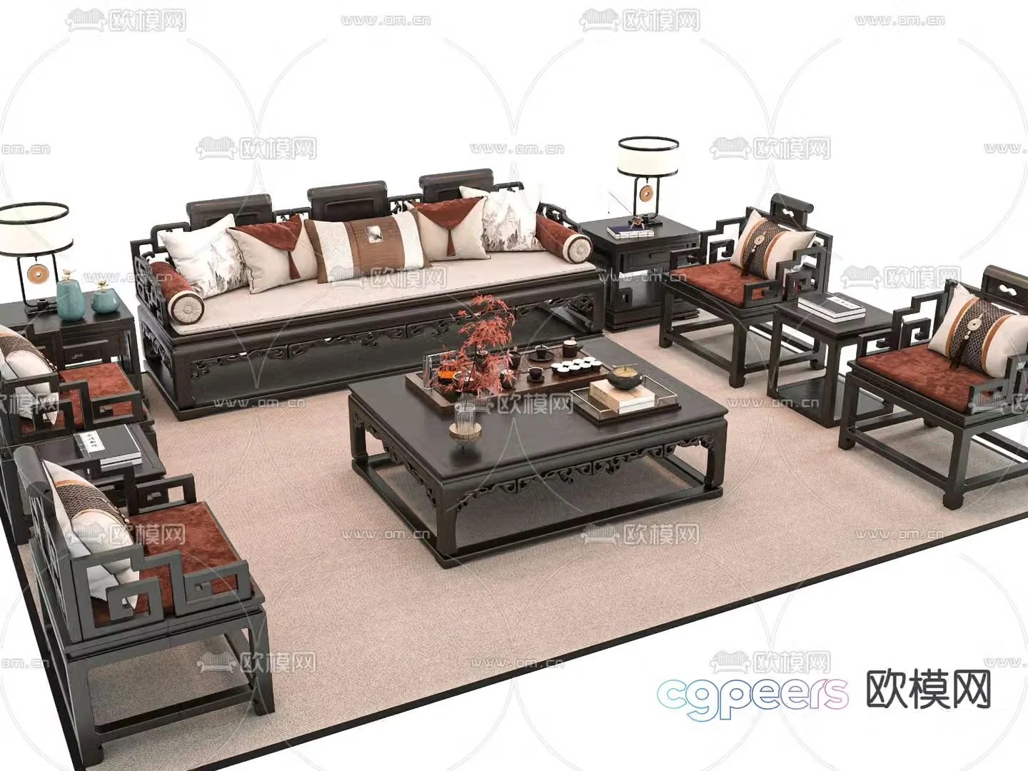 New Chinese style sofa coffee table multi-person sofa 3D model