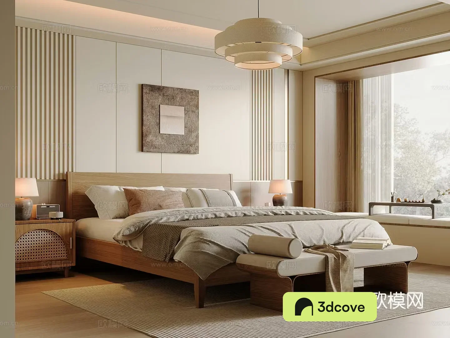 New Chinese style bedroom Song style solid wood double bed nightstand bed end stool Chinese style chandelier
