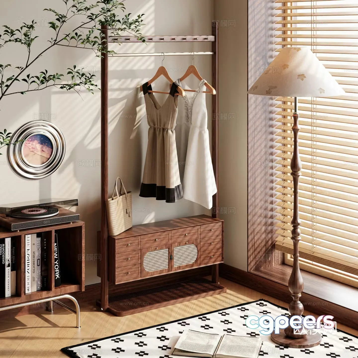 Clothes hanger floor-standing clothes hanger retro cream clothes hanger cabinet clothes hanger 3d model