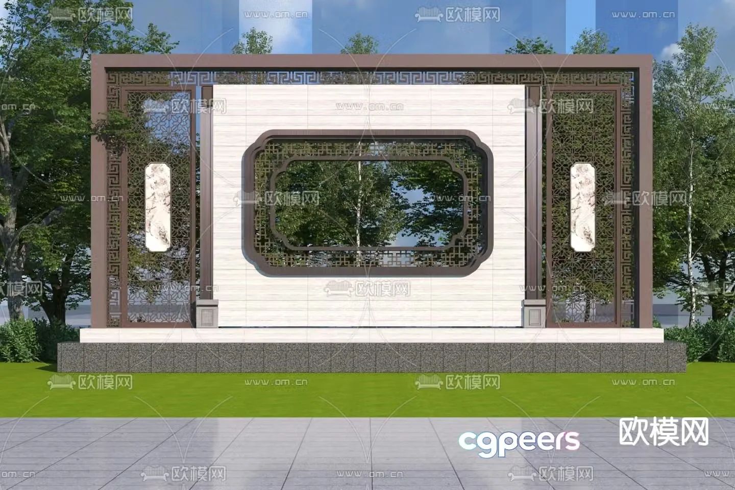 New Chinese style landscape wall courtyard sketch 3D model